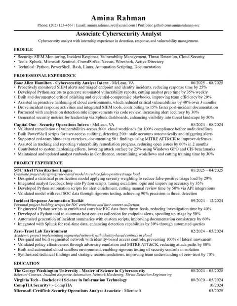 Entry-Level Cybersecurity Analyst Resume resume card preview