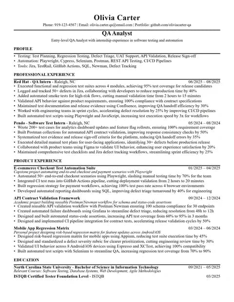 Entry-Level QA Analyst Resume resume card preview