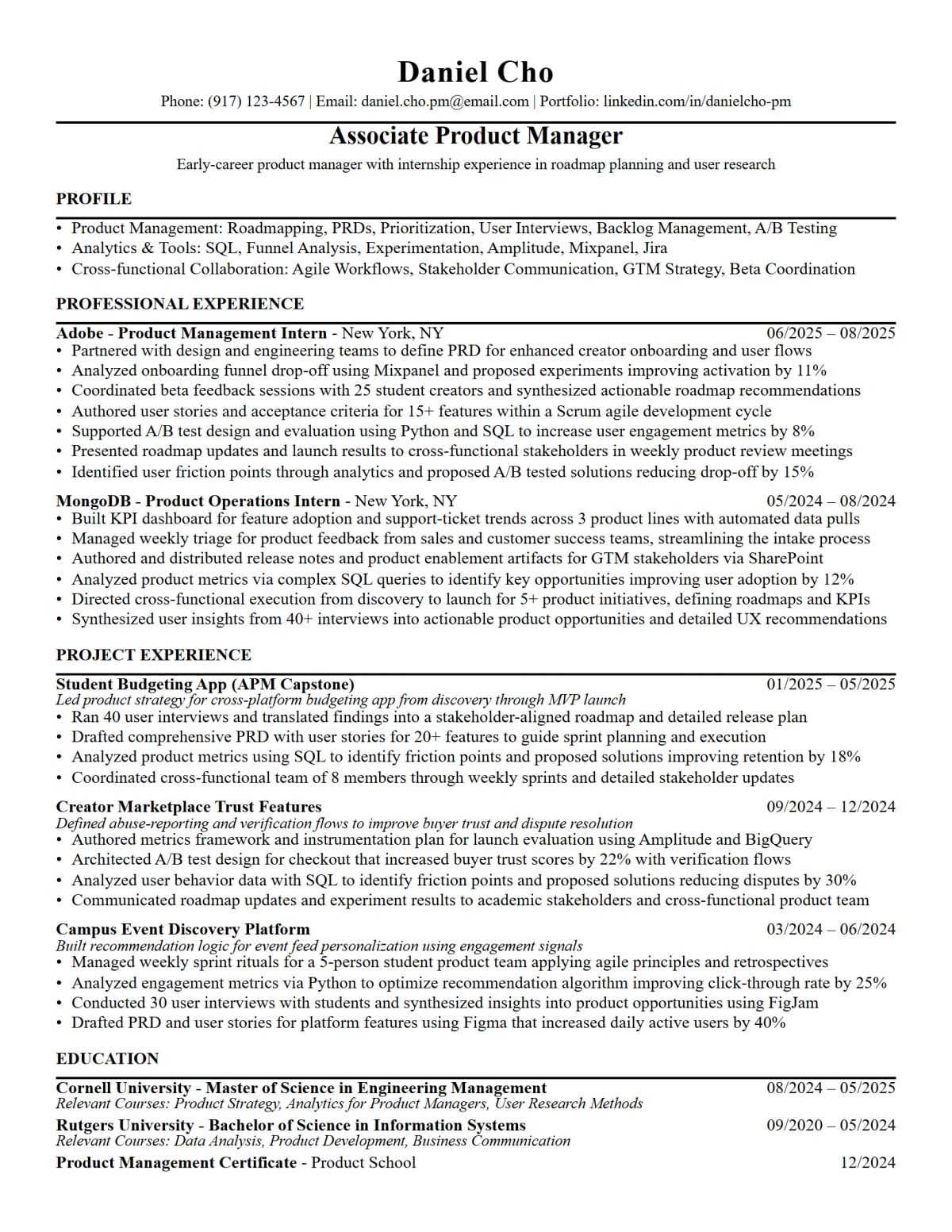 Associate Product Manager Resume full-page ATS resume template preview