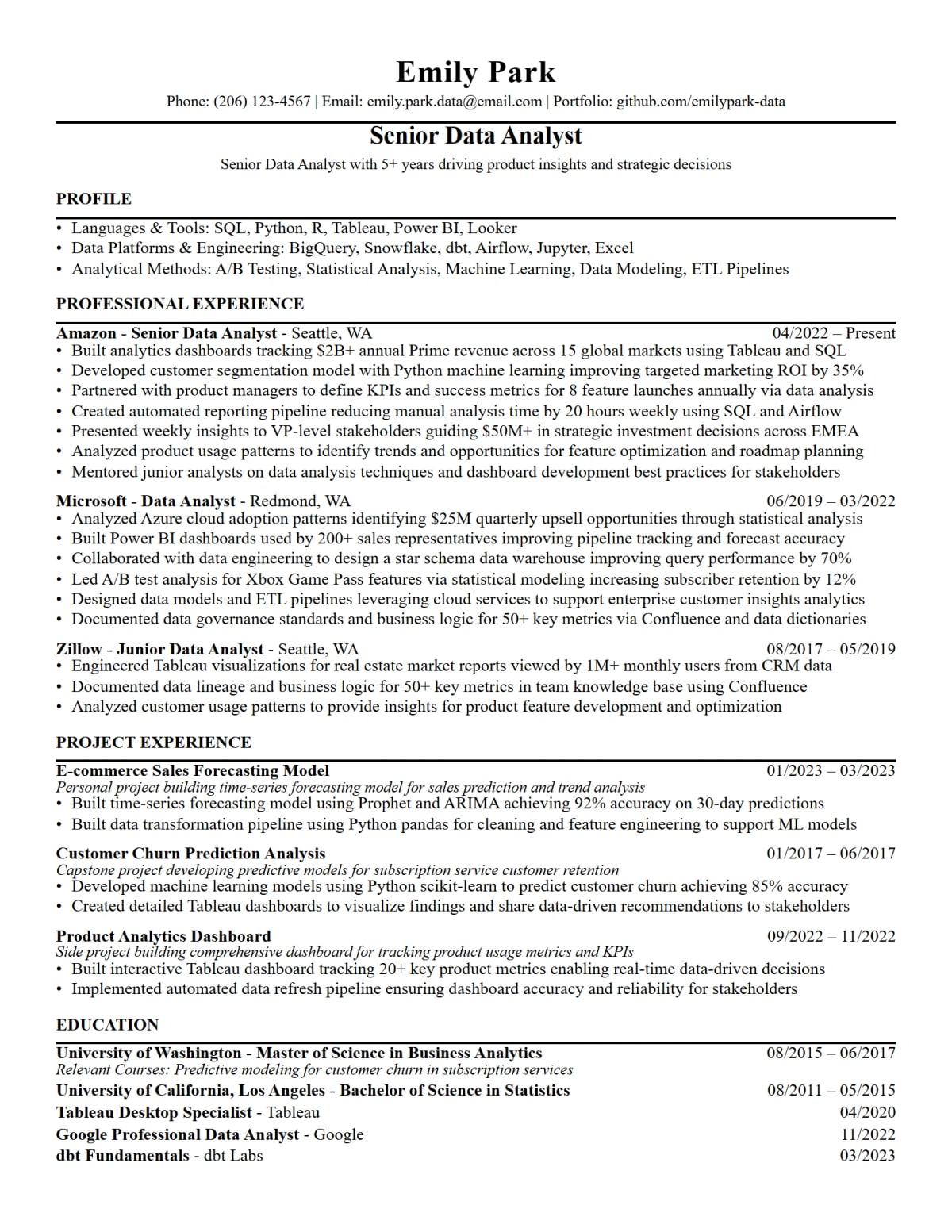 Data Analyst Resume full-page ATS resume template preview