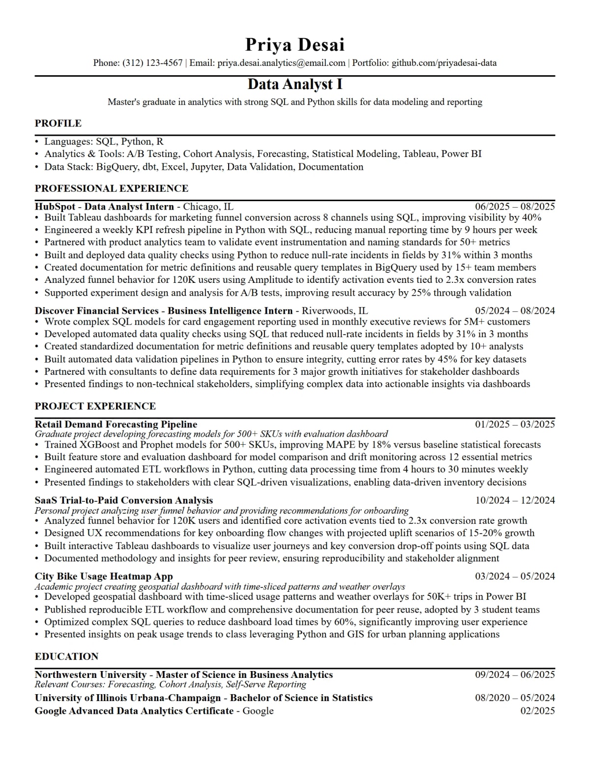 Entry-Level Data Analyst Resume full-page ATS resume template preview