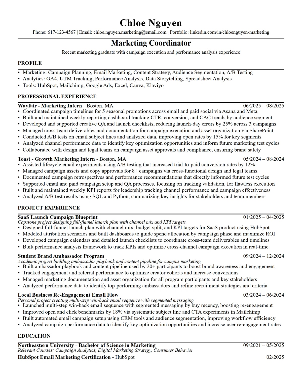 Entry-Level Marketing Coordinator Resume full-page ATS resume template preview