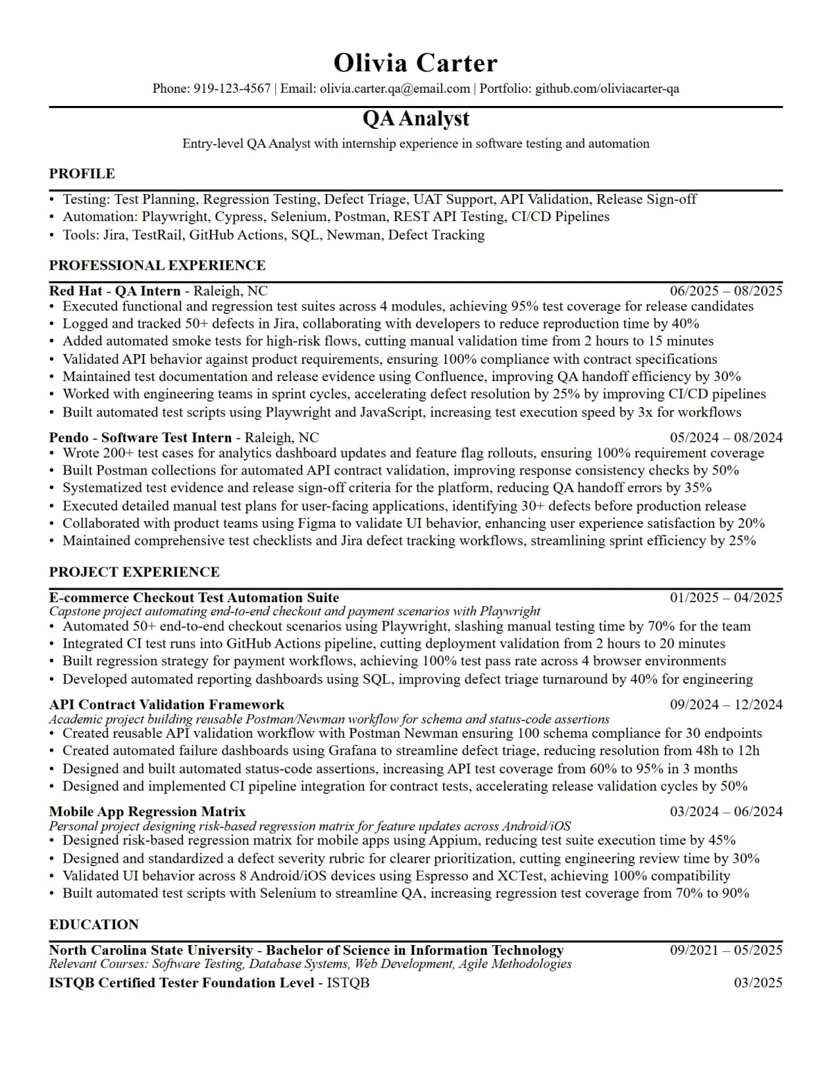 Entry-Level QA Analyst Resume full-page ATS resume template preview