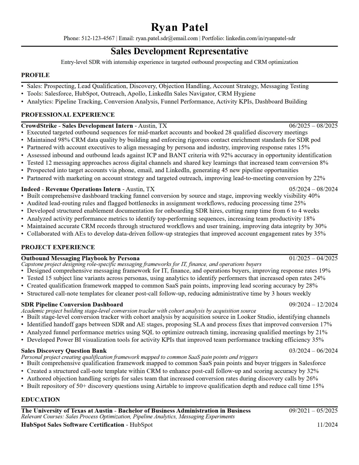Entry-Level Sales Development Representative Resume full-page ATS resume template preview