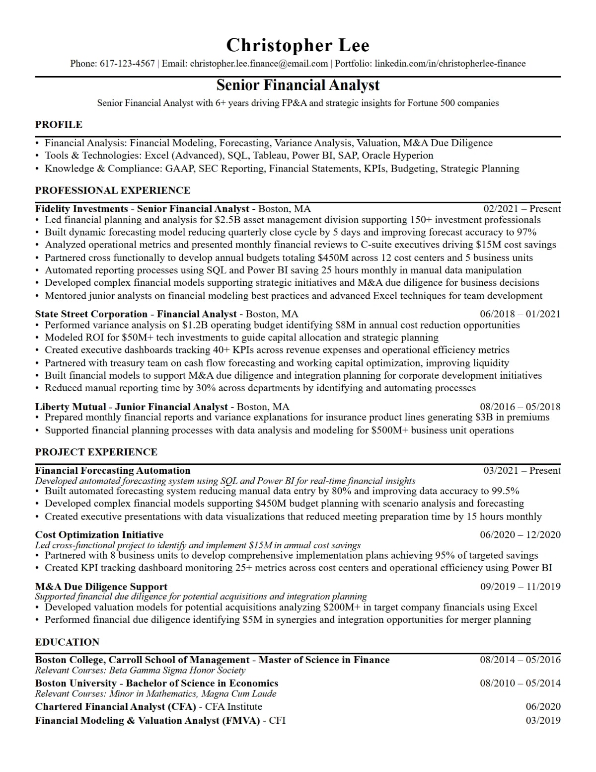 Financial Analyst Resume full-page ATS resume template preview