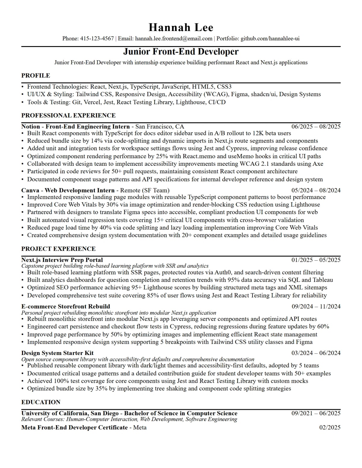 Front-End Developer (React/Next.js) Resume full-page ATS resume template preview