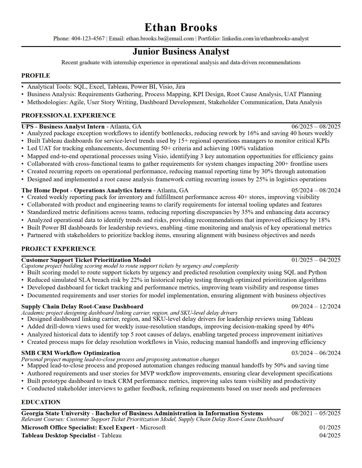 Junior Business Analyst Resume full-page ATS resume template preview