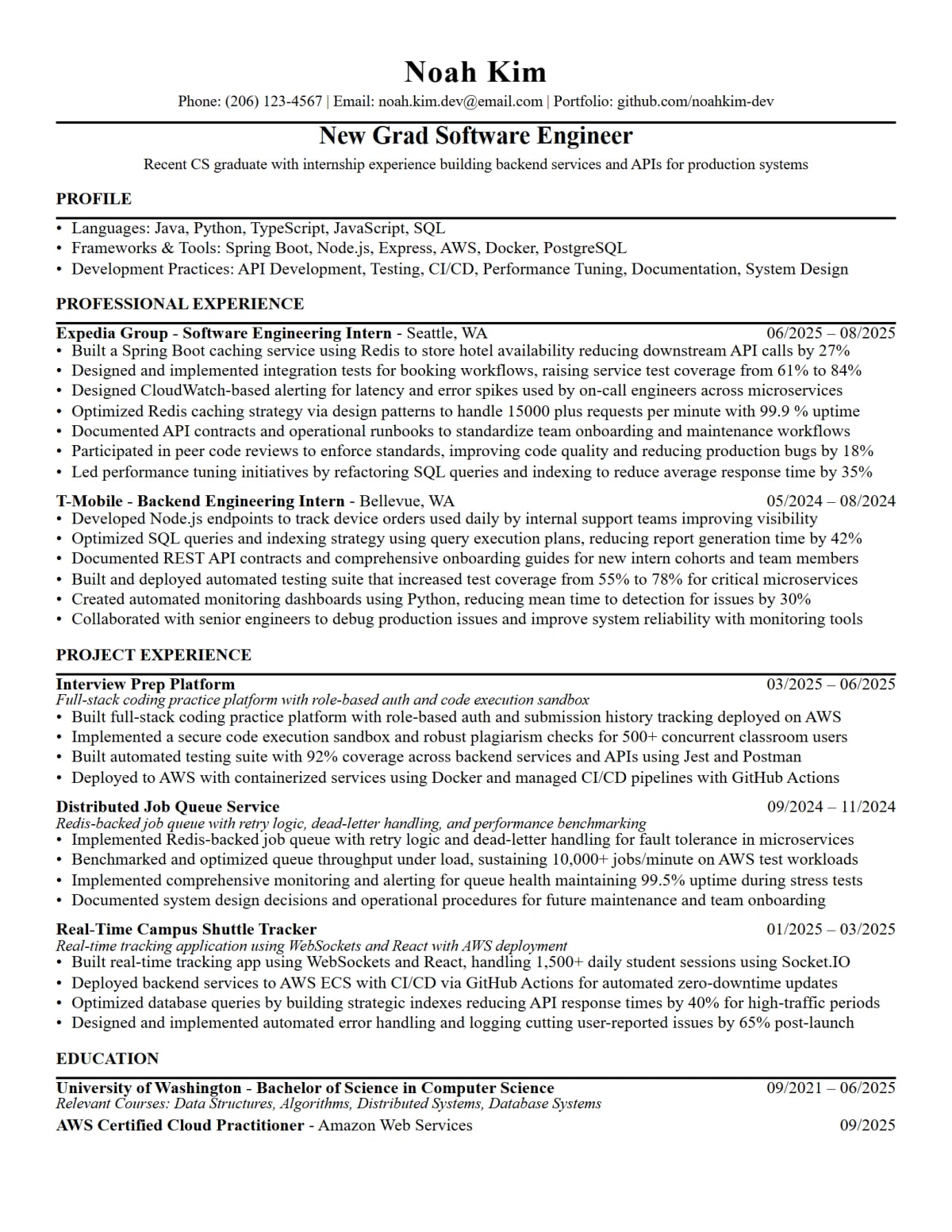 Junior Software Engineer Resume full-page ATS resume template preview