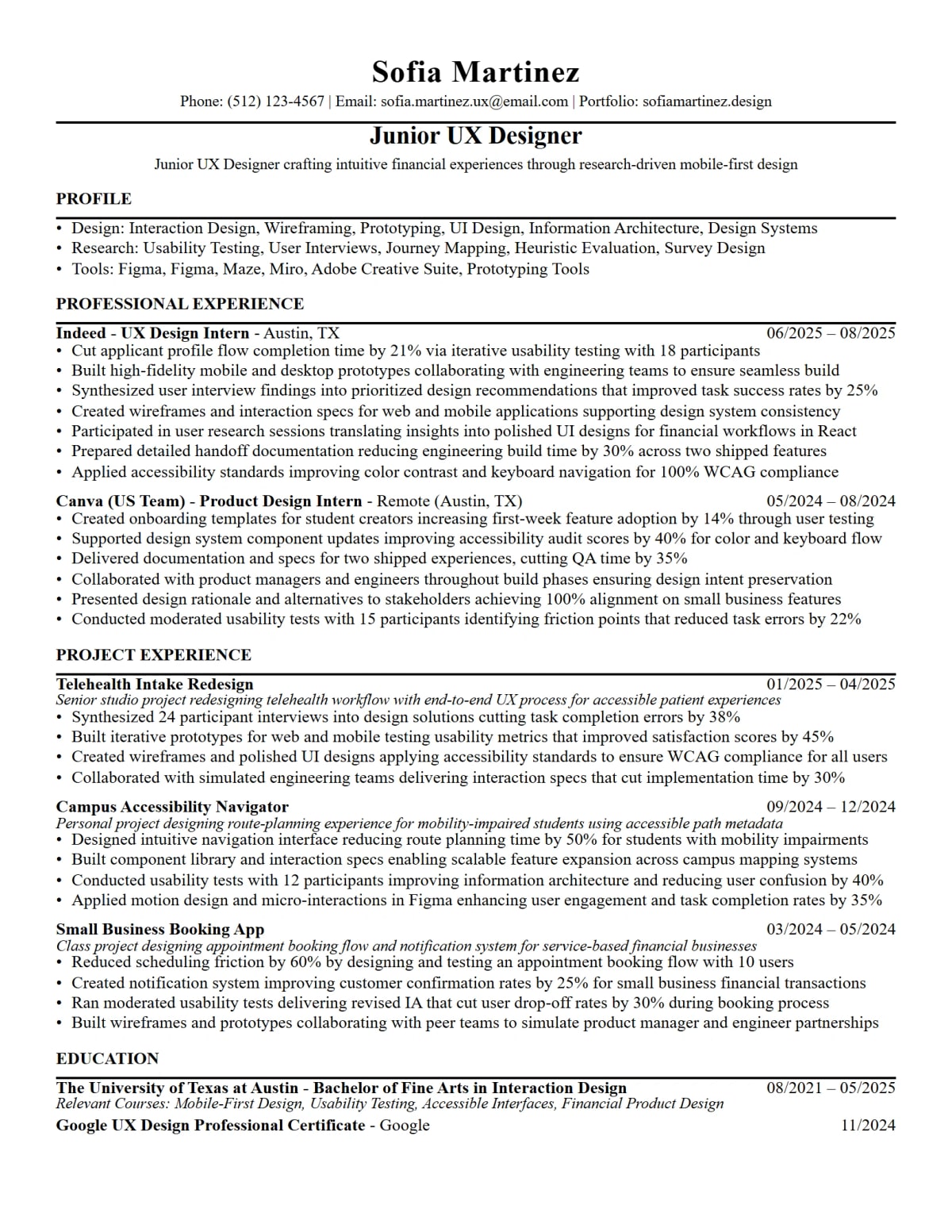 Junior UX Designer Resume full-page ATS resume template preview