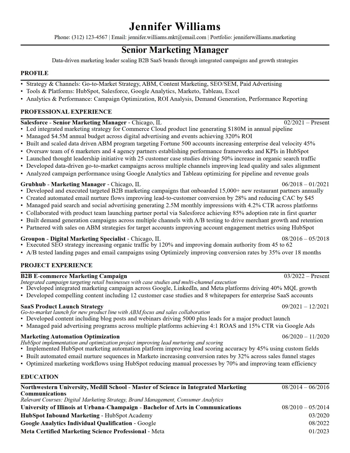 Marketing Manager Resume full-page ATS resume template preview