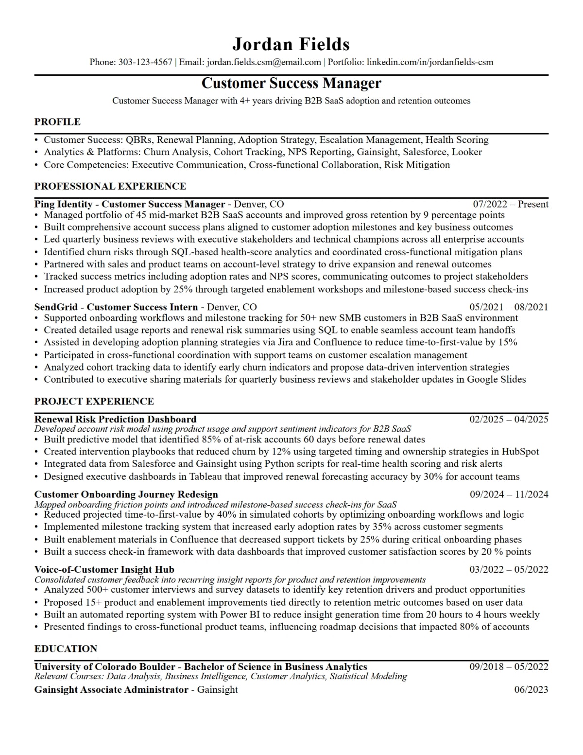 Mid-Level Customer Success Manager Resume full-page ATS resume template preview