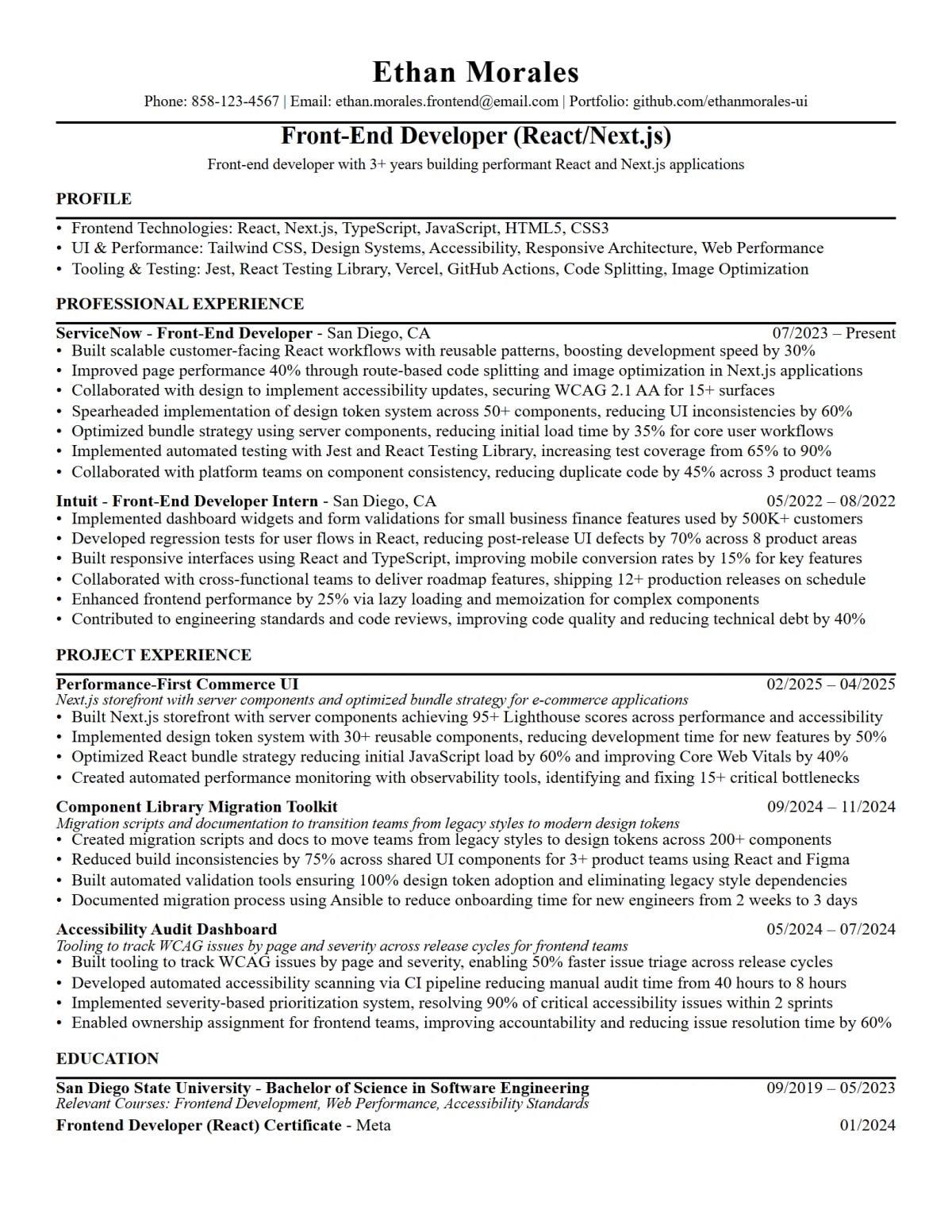 Mid-Level Front-End Developer (React/Next.js) Resume full-page ATS resume template preview