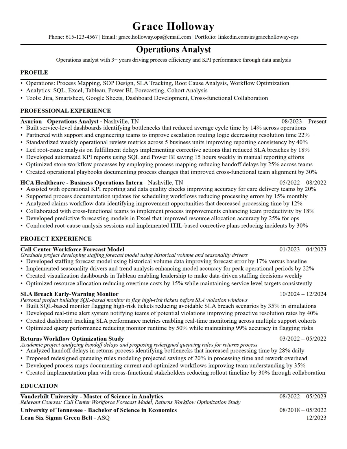 Mid-Level Operations Analyst Resume full-page ATS resume template preview