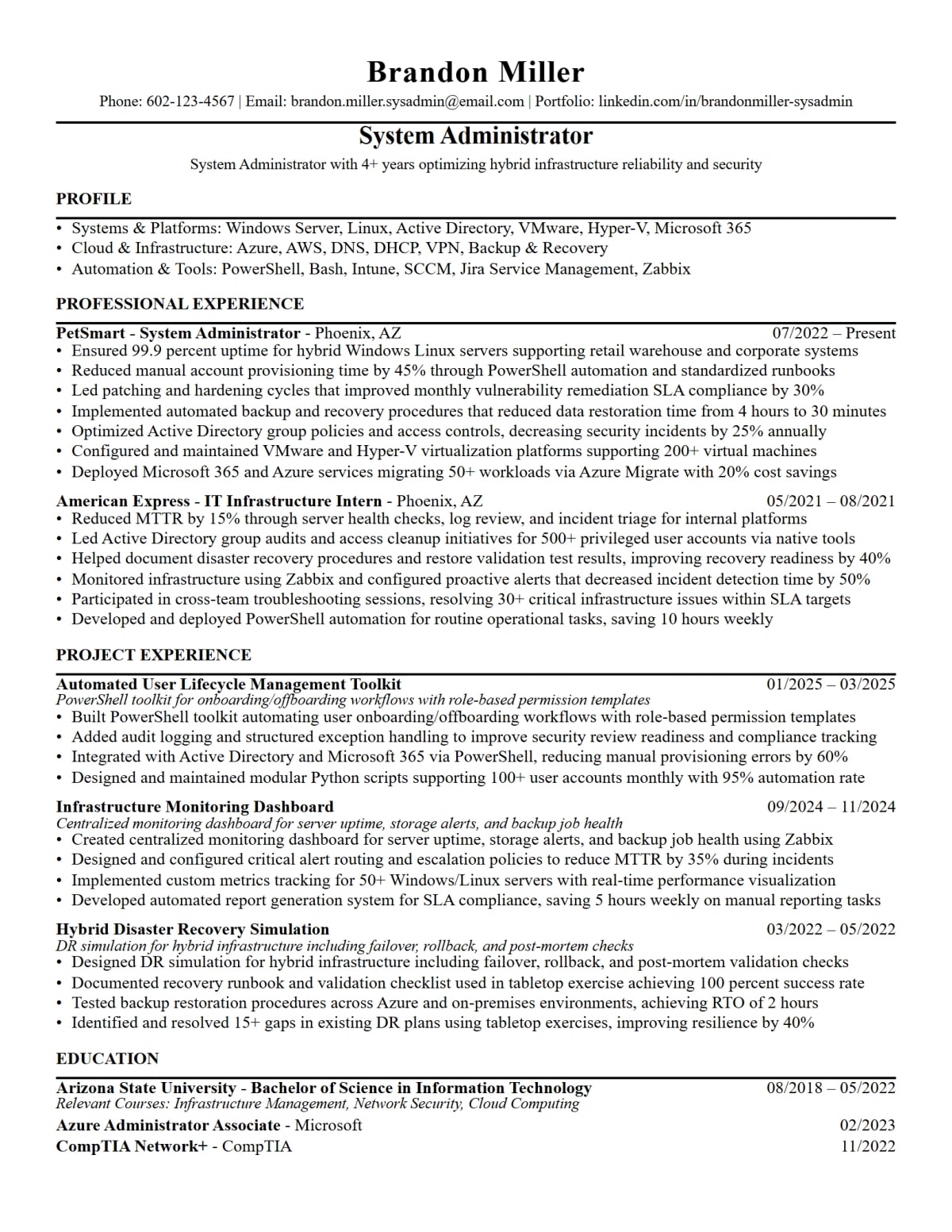 Mid-Level System Administrator Resume full-page ATS resume template preview