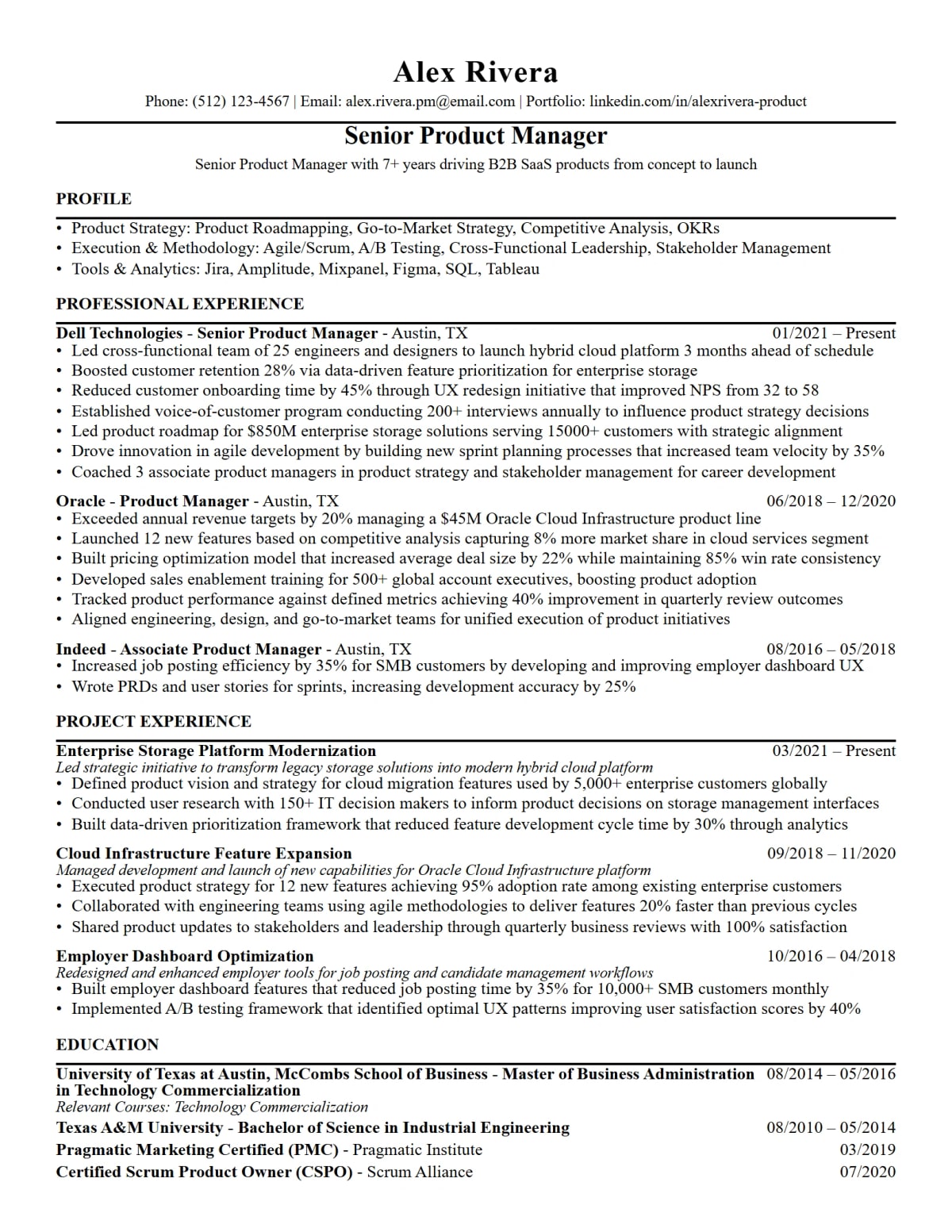 Product Manager Resume full-page ATS resume template preview