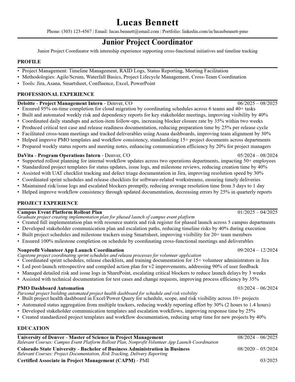 Project Coordinator Resume full-page ATS resume template preview