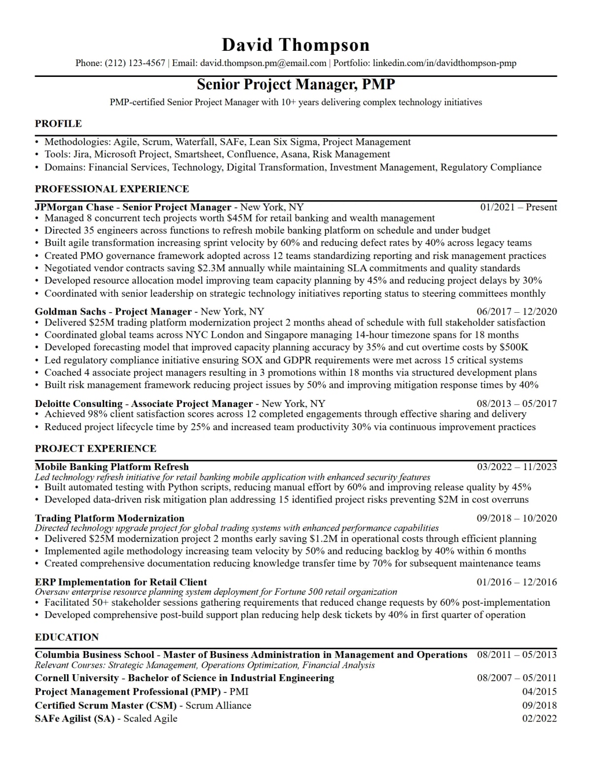 Project Manager Resume full-page ATS resume template preview